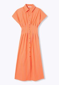 Robe boutonnière jusqu'aux genoux en orange avec des rayures verticales blanches, manches courtes et un design plissé avec des boutons en or.