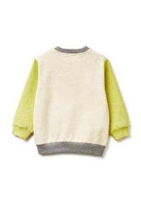 Felpa di un beige chiaro con maniche verdi, polsini e colletto grigi. Tessuto morbido, design semplice, dettagli a costine sul collo e sull'orlo.
