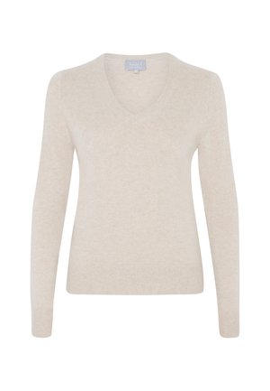 Pull en v couleur beige, en tissu doux, à manches longues, silhouette ajustée et ourlet côtelé. Aucun motif ni élément métallique visible.
