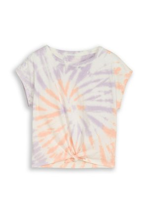 T-shirt court à manches courtes avec motif tie-dye spirale orange et violet et détail devant avec nœud torsadé.