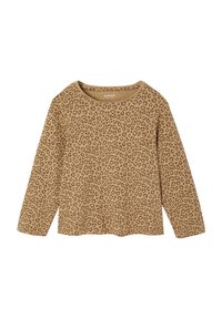Leopard print long-sleeve shirt in a light brown color with dark brown spots; soft fabric, round neckline, and straight cut.