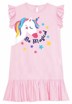 Rosa Baumwollkleid mit Rüschensäumen, versehen mit einem Einhorn-Graphic und bunten Sternen. Text lautet "Sei magisch." Ausgestellter Saum.