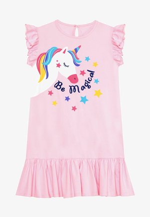 Rosa Baumwollkleid mit Rüschensäumen, versehen mit einem Einhorn-Graphic und bunten Sternen. Text lautet "Sei magisch." Ausgestellter Saum.