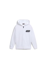 Witte zip-up hoodie met een zwart logo op de borst, gemaakt van zachte stof. Beschikt over een capuchon en geribde manchetten voor een comfortabele pasvorm.