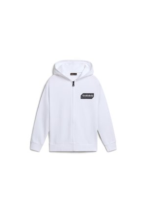 Weiße Zip-Hoodie mit einem schwarzen Logo-Patch auf der Brust, aus weichem Stoff gefertigt. Verfügt über eine Kapuze und gerippte Bündchen für eine enge Passform.