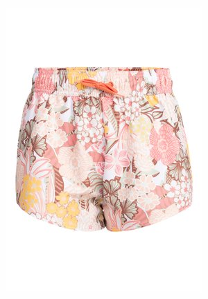 Blommigt badshorts med elastisk midja, dragsko i orange, med mönster av rosa, gula och bruna tropiska blommor på en vit bakgrund.