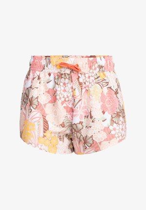 Pantaloni scurți de baie cu flori, cu un talie elastică, șnur portocalie, având modele de flori tropicale roz, galbene și maro pe un fundal alb.