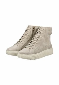 Baskets montantes en daim beige avec lacets et fermeture éclair latérale, semelle en caoutchouc texturée et à rainures, et accents lisses sur la tige.