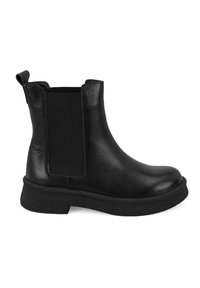 Zwarte leren enkellaars met elastische zijpanelen, ronde teen, gestructureerd oppervlak en dikke rubberen zool. Minimalistisch ontwerp met aantrekstrap.