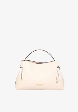 Borsa a mano in pelle color crema con un unico manico superiore e un logo minimal in oro "ERMANNO" al centro frontale, caratterizzata da dettagli con cinturini laterali.