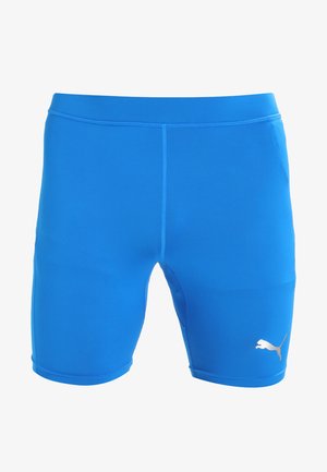 Blauwe sportshorts gemaakt van glad, elastisch materiaal. Bevat een zilveren logo aan de onderkant van de linkerkant en een elastische tailleband.