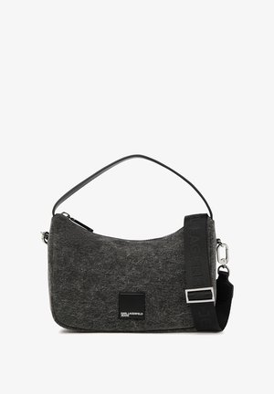 Tmavošedá textilná taška cez plece s krátkou rukoväťou, odnímateľným širokým popruhom a malou prednou nášivkou s nápisom "KARL LAGERFELD JEANS."