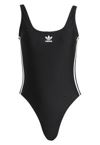 Črn enodelni kopalni kostim iz gladkega materiala, z odpirajočim izrezom, belimi stranskimi črtami in majhnim logotipom Adidas na prsih.