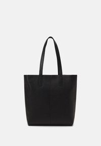 Sac fourre-tout en cuir noir avec deux poignées robustes, une texture lisse, et un design minimaliste avec des coutures verticales sur le devant.