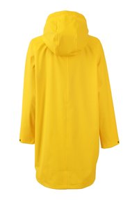 Chaqueta impermeable amarilla con capucha, mangas largas y corte recto. Presenta una textura suave y cierres a presión en los puños.