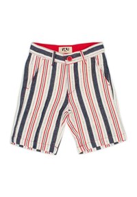 Pantaloni corti in cotone caratterizzati da strisce verticali rosse, bianche e blu navy. Comprendono tasche frontali e una chiusura a bottone sulla vita.