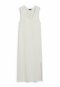 Robe sans manches, longueur jusqu'aux chevilles, en tissu doux et gris clair. Elle présente un col rond et une fente latérale, avec une texture lisse et un design simple.