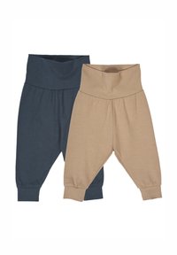 Legíny z bavlněné směsi v tmavě modré a béžové barvě. Mají široký, měkký pas, zúžené nohavice a ribbové manžety pro pohodlné nošení.