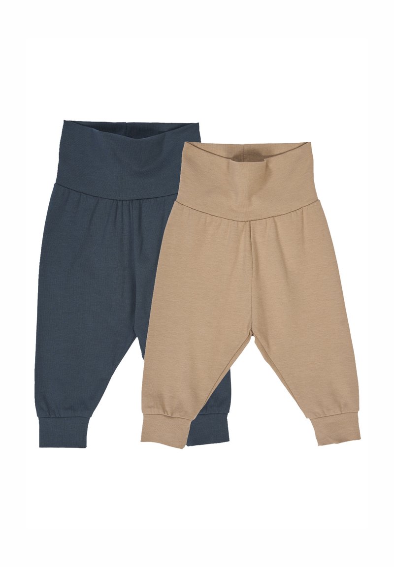 Legíny z bavlněné směsi v tmavě modré a béžové barvě. Mají široký, měkký pas, zúžené nohavice a ribbové manžety pro pohodlné nošení.