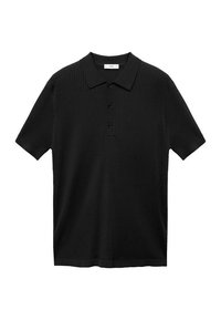 Černé polo tričko vyrobené z žebrované látky, s límečkem, tříknoflíkovou légou a krátkými rukávy. Čistý, minimalistický design.