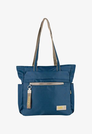 Bolsa tote azul con asas beige, bolsillo frontal con cremallera y una etiqueta beige con la inscripción "LOIS JEANS" colocada en el tirador de la cremallera.