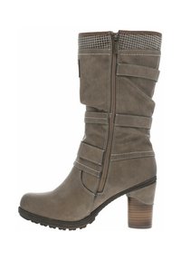 Bottines marron en simili cuir, hauteur genou, avec un bout rond, fermeture éclair sur le côté, talon empilé et sangles décoratives sur la tige. Accents en textile texturé.