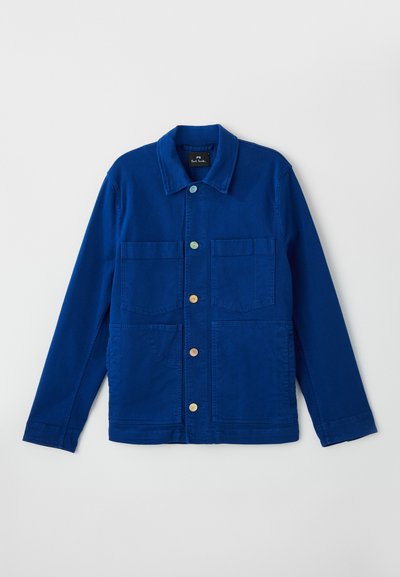 Blue denim jacket featuring a collared neckline, two chest pockets, and contrasting buttons. Smooth texture with a casual design.
