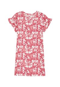 Kratka obleka s kratkimi rokavi, okrašena z rdečimi in belimi cvetličnimi ter živalskimi motivi. Narejena iz mehkega blaga s čipkastimi detajli na rokavih.