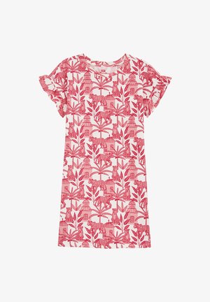 Kratka haljina s kratkim rukavima koja ima crveno-bijeli cvjetni i životinjski uzorak. Izrađena je od mekanog materijala s volanima na rukavima.