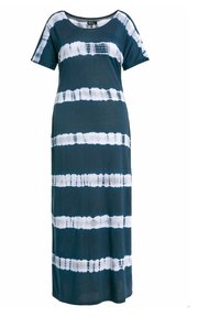 Maxiklänning av mjukt, mörkblått tyg med vita batikränder. Den har en avslappnad passform med korta ärmar och en rund halsringning.