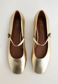 Goldene metallic Ballerinas mit quadratischer Zehenpartie, ausgestattet mit einem dünnen Riemen und einer silbernen Schnalle, glatter Textur und braunem Innenfutter.