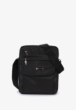 Black messenger bag with a textured finish, a flap closure, adjustable shoulder strap, and a metal logo plate. Features a zipper pull charm.