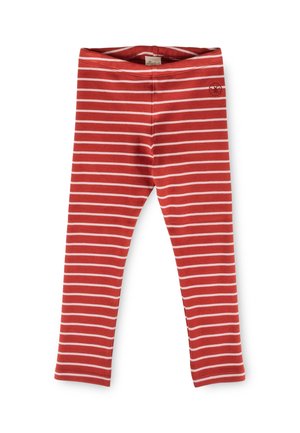 Red leggings with horizontal white stripes and a small circular logo near the right hip, laid flat on a white background.