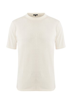 Camiseta de manga corta color crema, hecha de tela suave, con un cuello redondo y dobladillo recto. Diseño minimalista sin patrones.