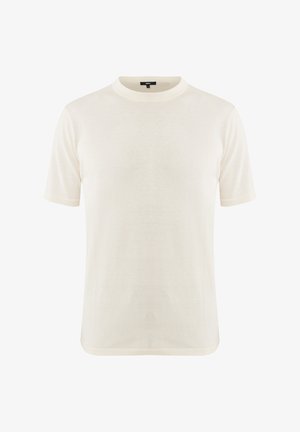 Korte mouw crèmekleurig T-shirt van soepel stof, met een ronde halslijn en rechte zoom. Minimalistisch ontwerp zonder patronen.