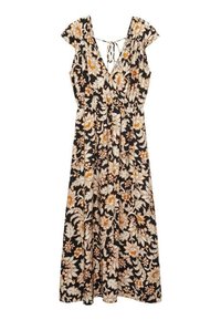 Maxikleid mit Blumenmuster, V-Ausschnitt, flatternden Ärmeln und verstellbarem Bindeband am Rücken. Schwarzer Hintergrund mit orangefarbenen und cremefarbenen botanischen Mustern.