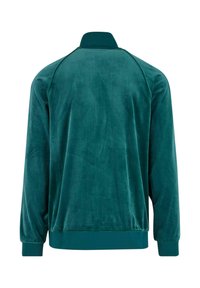 Chaqueta de terciopelo en verde azulado profundo, con cuello alzado, mangas largas y puños acanalados. Textura suave con un corte relajado.
