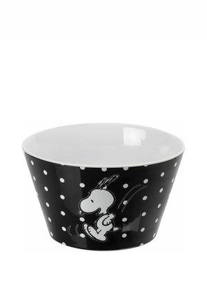 Schwarze Schüssel mit weißen Punkten und einem weißen Cartoon-Hund, der seitlich springt, innen schlicht weiß.