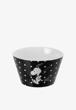 Schwarze Schüssel mit weißen Punkten und einem weißen Cartoon-Hund, der seitlich springt, innen schlicht weiß.