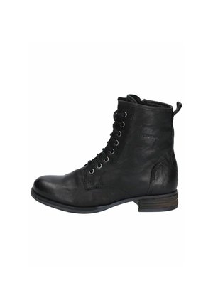 Bottine en cuir noir avec un bout arrondi, un laçage à l'avant et un petit talon empilé. Dotée d'œillets métalliques et d'une finition texturée.