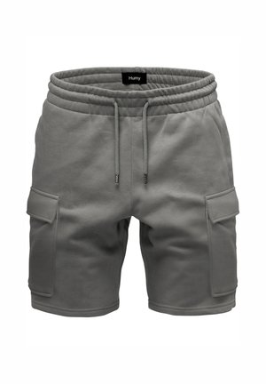 Grey cargo shorts with elastic waistband, drawstring, and side flap pockets, labeled "Humy" at the back inside waist.