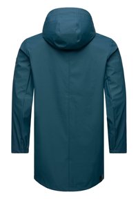 Vandafvisende teal regnjakke med hætte, lange ærmer og elastiske manchetter. Glat tekstur med lige snit og minimalistisk design.