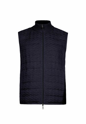 Ærmeløs mørkeblå quiltet vest med høj ribkrave og fuld frontlynlås med dobbelte træk, vist på en hvid baggrund.