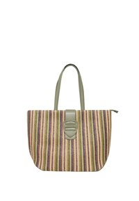 Borse a tracolla multicolore in tessuto intrecciato con dettagli in pelle grigio chiaro e chiusura a pattina. Presenta strisce verticali nelle tonalità di rosso, giallo e blu.