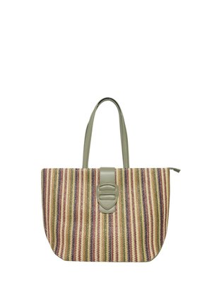 Borse a tracolla multicolore in tessuto intrecciato con dettagli in pelle grigio chiaro e chiusura a pattina. Presenta strisce verticali nelle tonalità di rosso, giallo e blu.