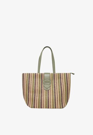 Borse a tracolla multicolore in tessuto intrecciato con dettagli in pelle grigio chiaro e chiusura a pattina. Presenta strisce verticali nelle tonalità di rosso, giallo e blu.