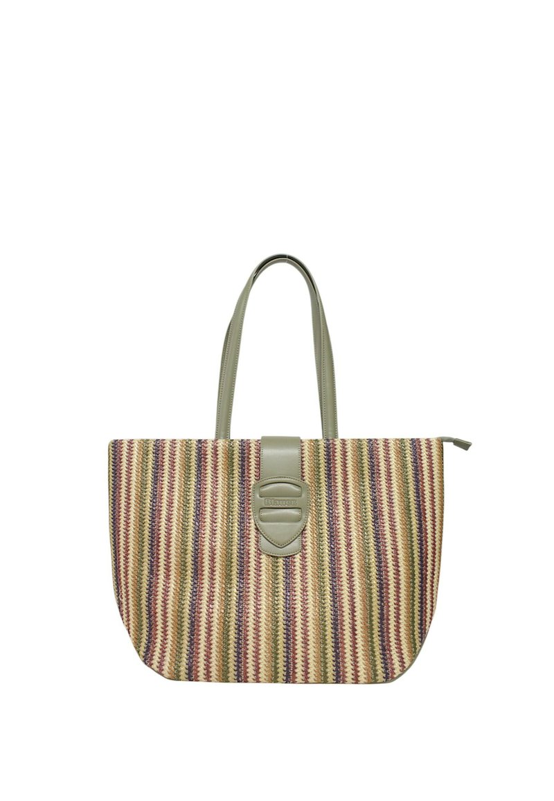 Borse a tracolla multicolore in tessuto intrecciato con dettagli in pelle grigio chiaro e chiusura a pattina. Presenta strisce verticali nelle tonalità di rosso, giallo e blu.