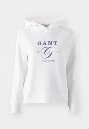 Felpa bianca con tasca a marsupio frontale, decorata con testo blu navy che recita "GANT EST. 1949 NEW HAVEN" e un grande logo stilizzato "G".