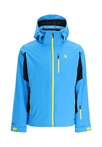 Giacca impermeabile blu con dettagli neri, zip gialla, cappuccio e due tasche laterali. Presenta un logo di ragno sul petto e polsini regolabili.