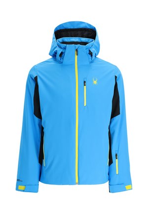 Blauwe waterdichte jas met zwarte accenten, gele rits, capuchon en twee zijzakken. Heeft een spinnenlogo op de borst en verstelbare manchetten.